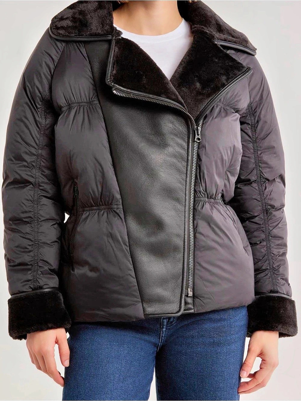 Hudson Faux Shearling & Puffer Mixed-Media Asymmetric Jacket Coat Black Medium